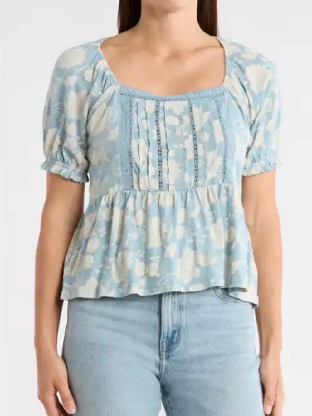 Lucky Brand Light Blue Floral Square-Neck Peasant Blouse 🍀